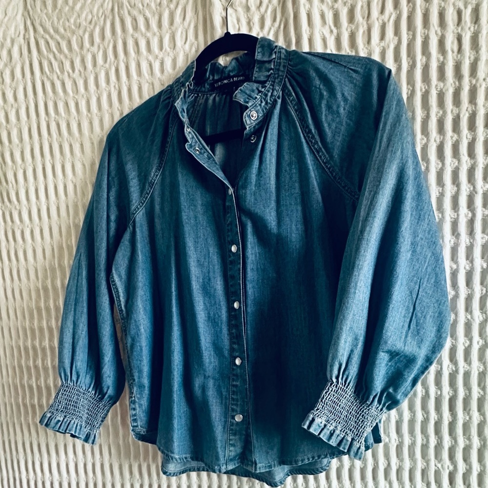Veronica Beard Light Blue Denim Ruffle Collar Shirt